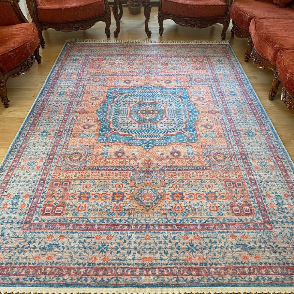 Alfombra lavable de estilo persa azul y naranja