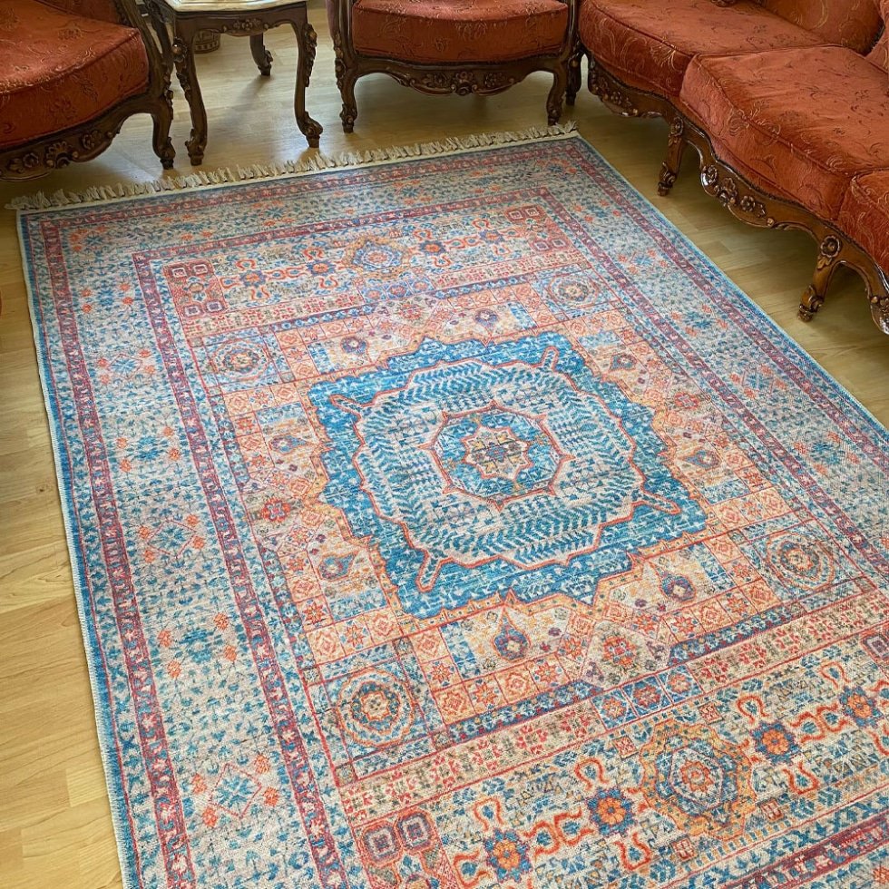 Alfombra lavable de estilo persa azul y naranja