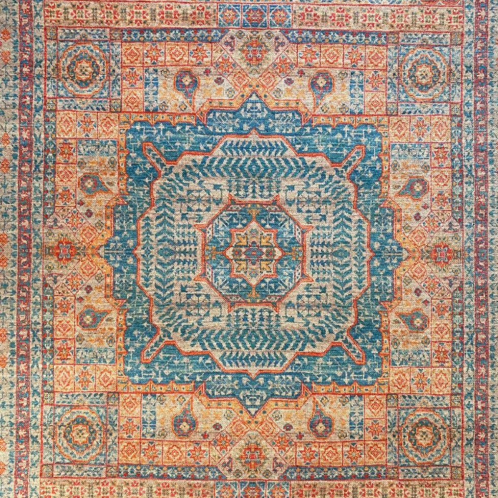 Alfombra lavable de estilo persa azul y naranja
