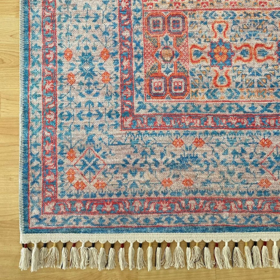 Alfombra lavable de estilo persa azul y naranja