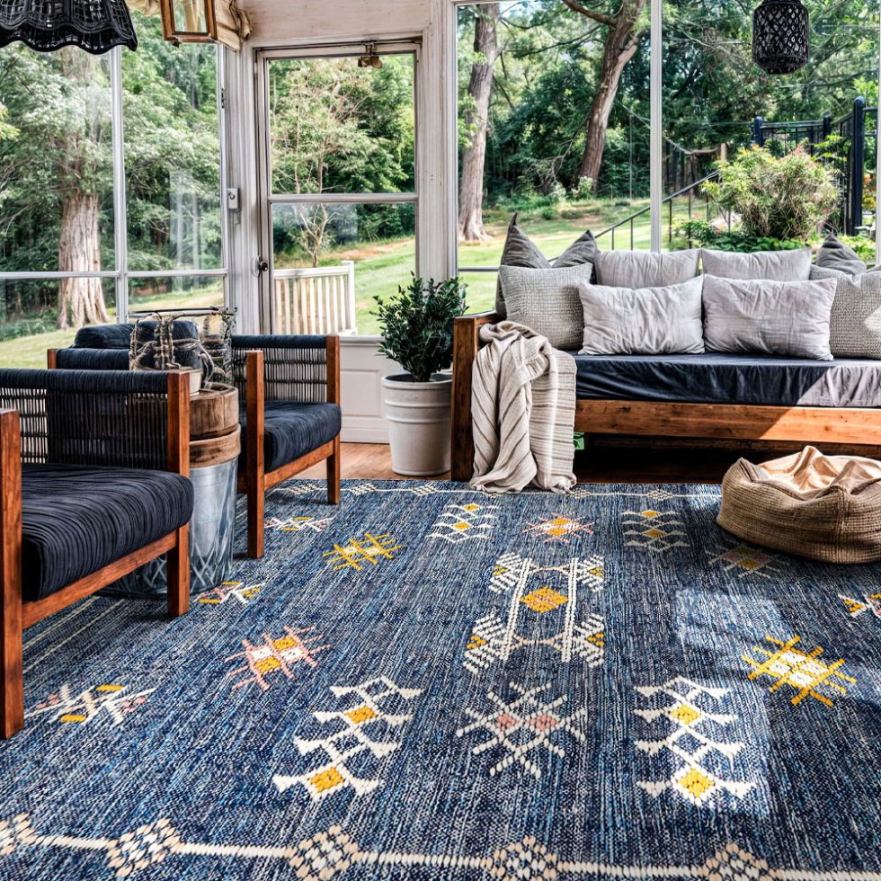 Alfombra étnica de tela vaquera azul