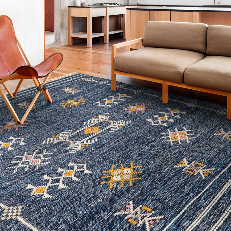 Alfombra étnica de tela vaquera azul