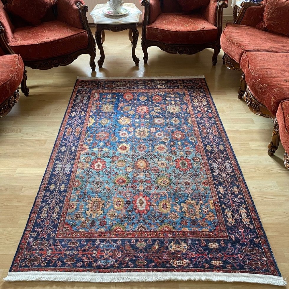 Alfombra lavable estilo kilim oriental azul