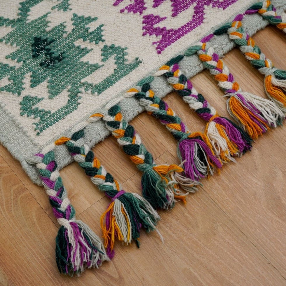 Alfombra kilim tradicional verde y amarilla - Imagen 8