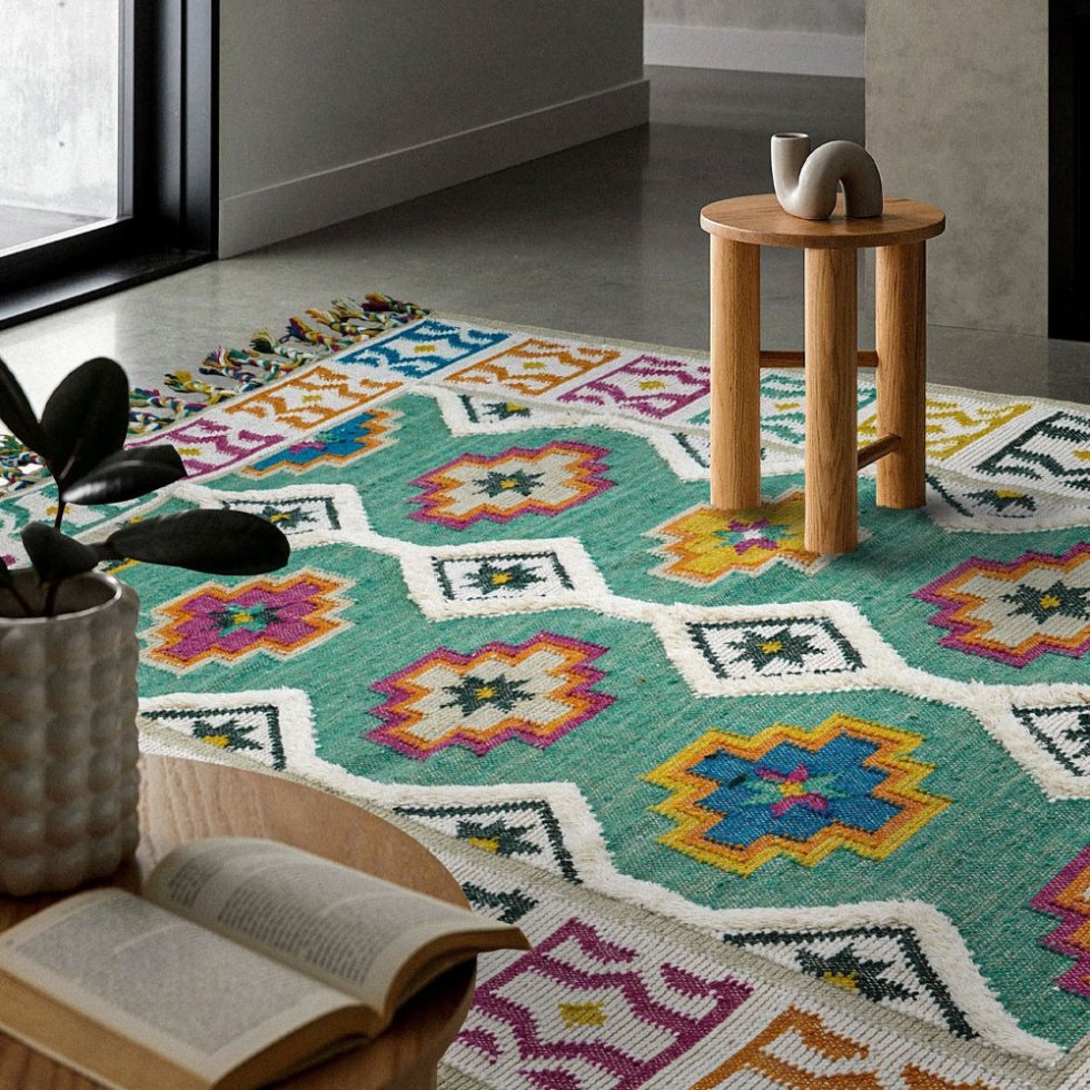 Alfombra kilim de lana verde brillante