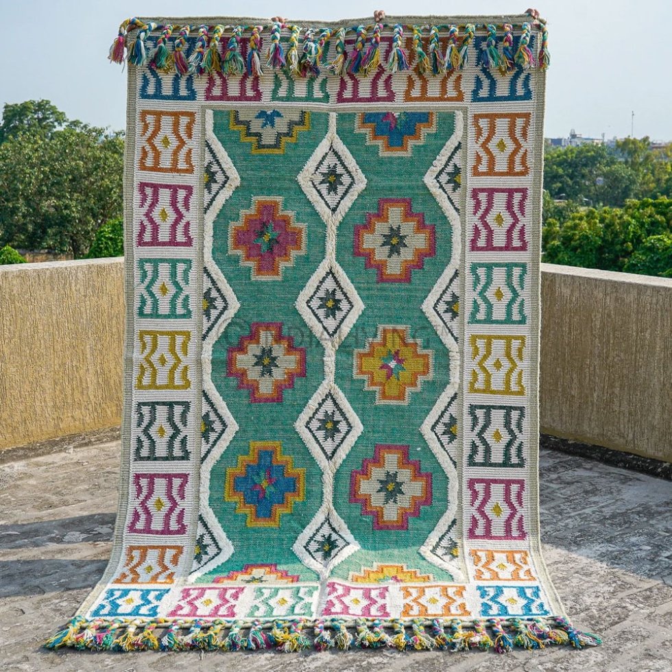 Alfombra kilim de lana verde brillante