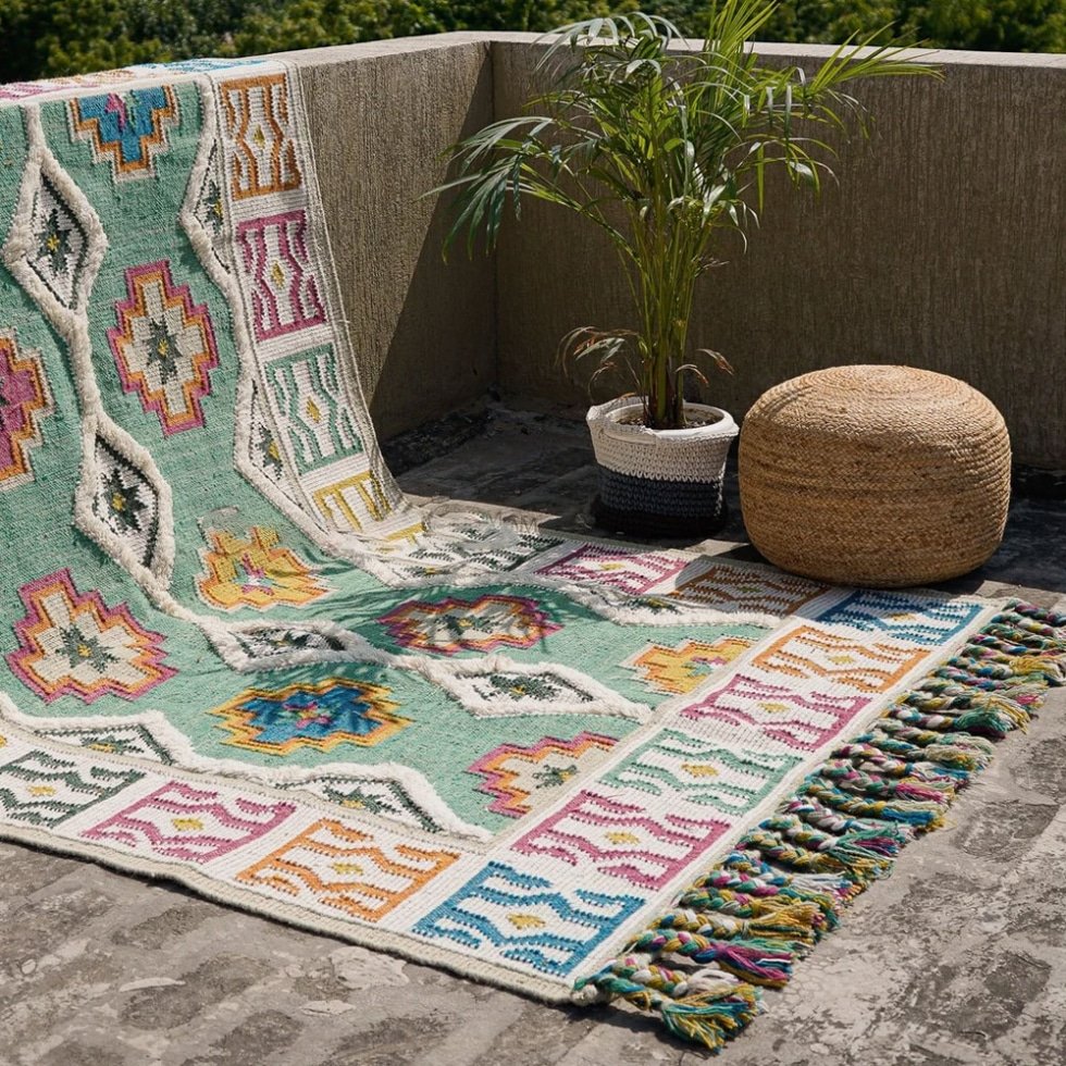 Alfombra kilim de lana verde brillante