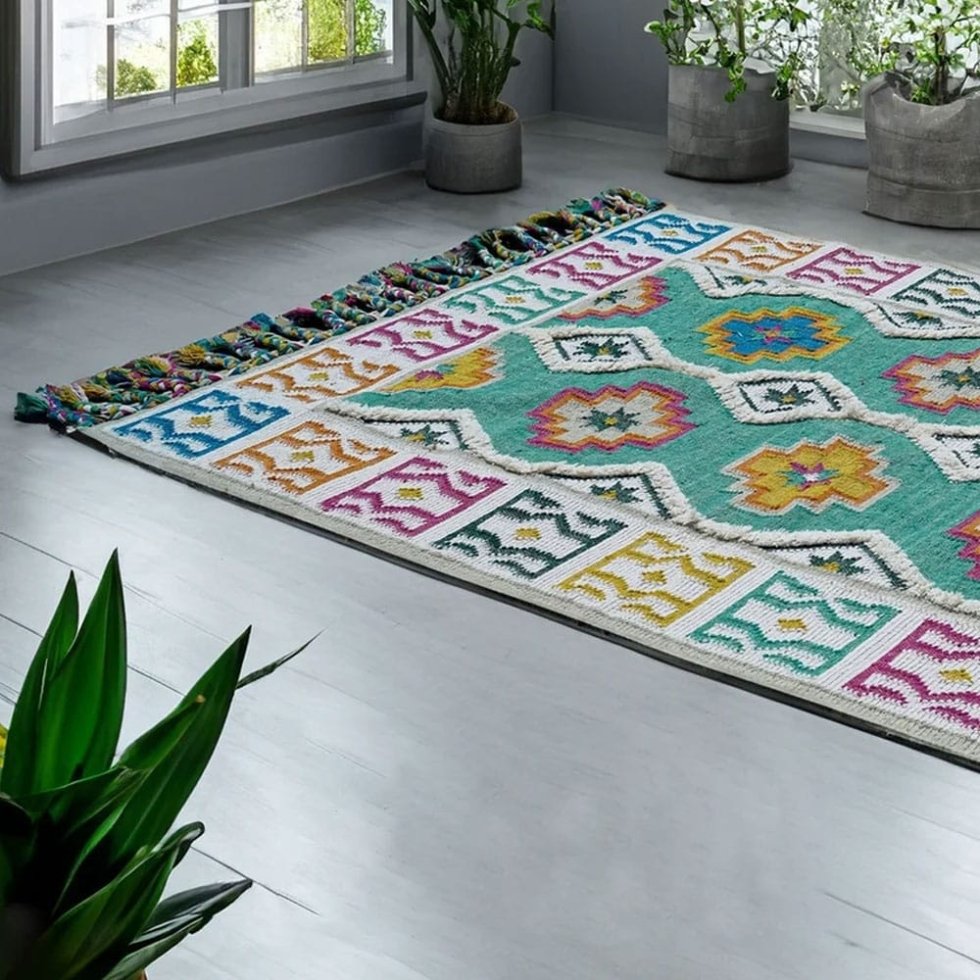 Alfombra kilim de lana verde brillante