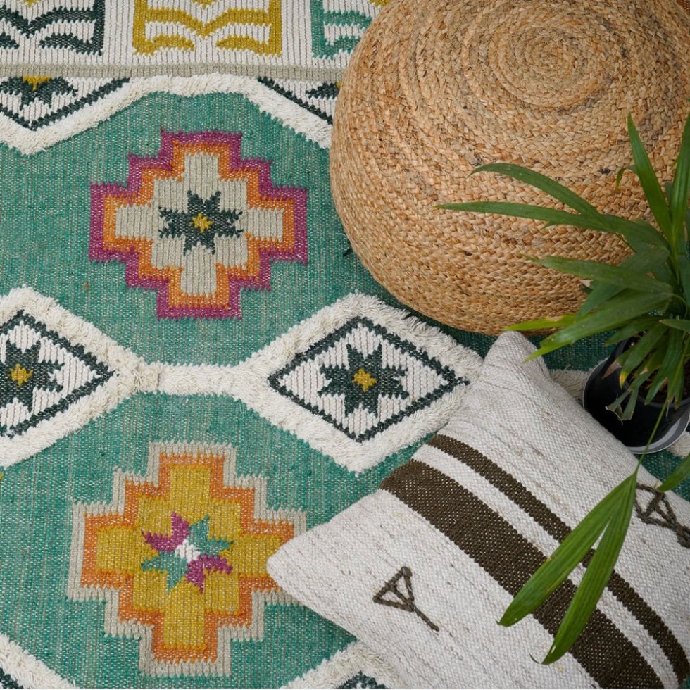 Alfombra kilim de lana verde brillante