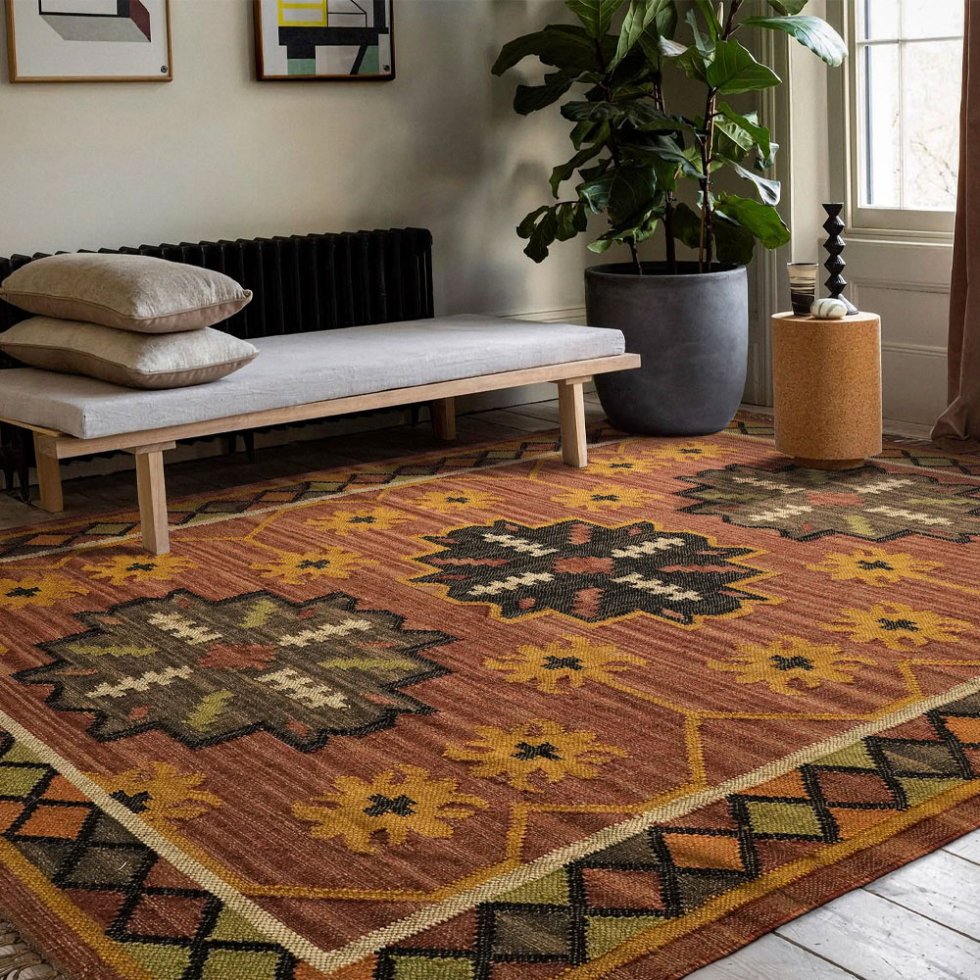 Tapiz kilim rouge délavé de style navajo