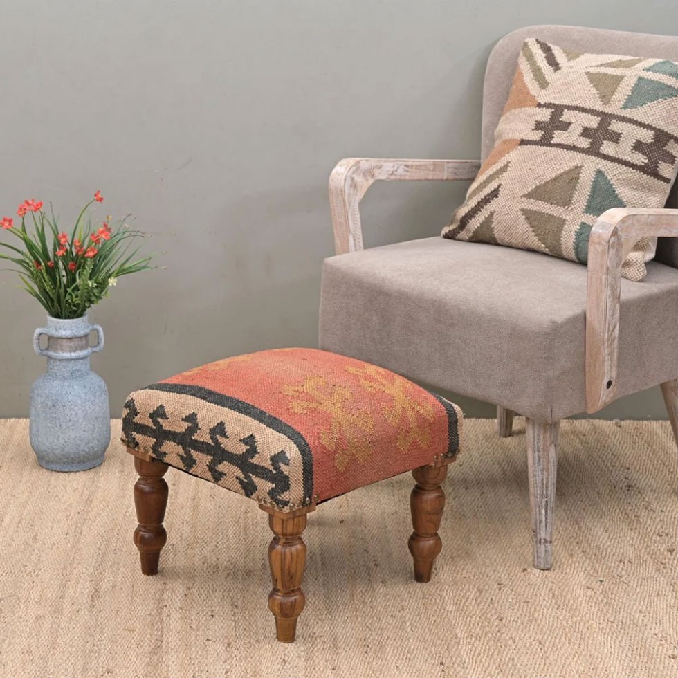 Taburete otomano kilim cuadrado naranja