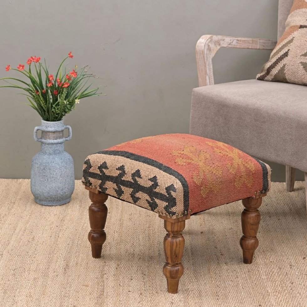 Taburete otomano kilim cuadrado naranja