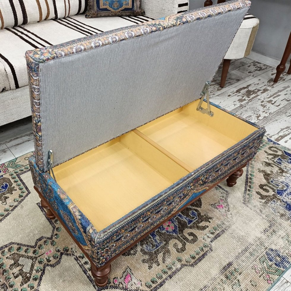 Mesa de centro otomana kilim turco azul con almacenaje