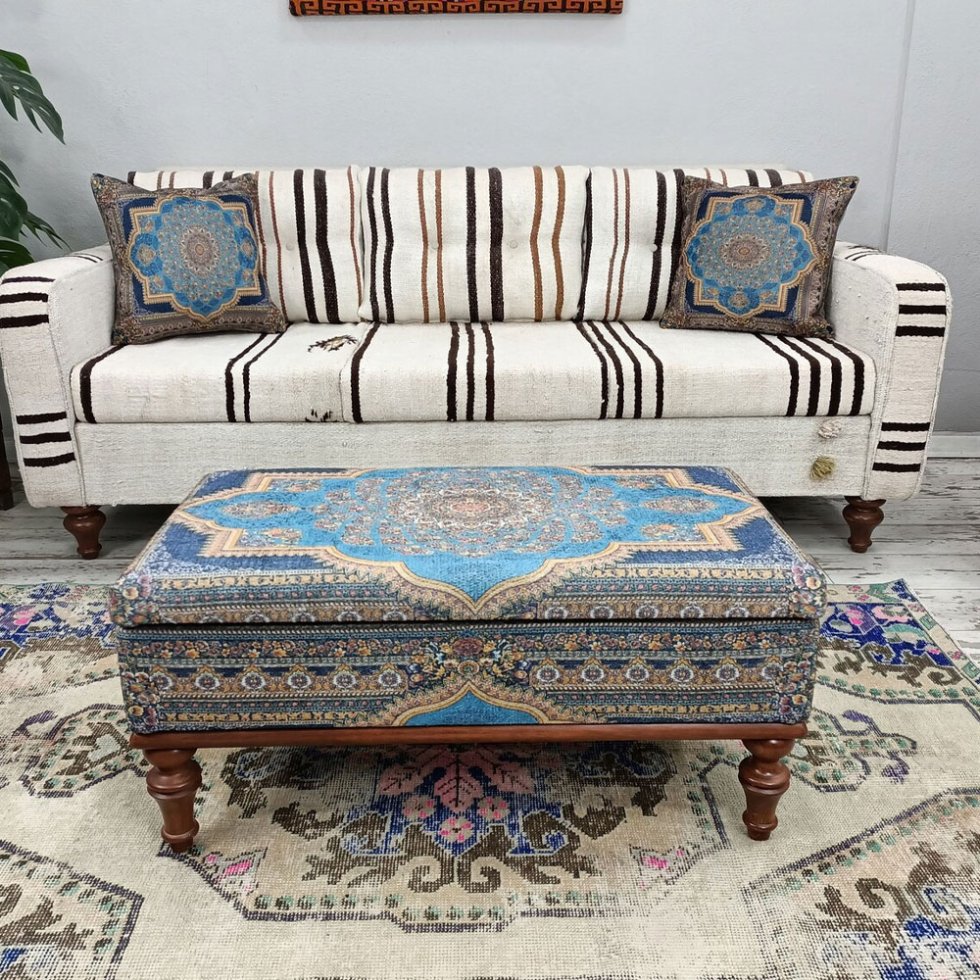 Mesa de centro otomana kilim turco azul con almacenaje