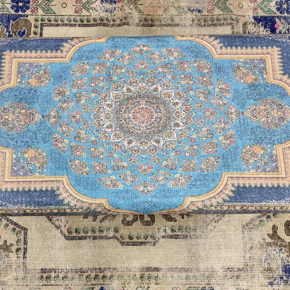 Mesa de centro otomana kilim turco azul con almacenaje