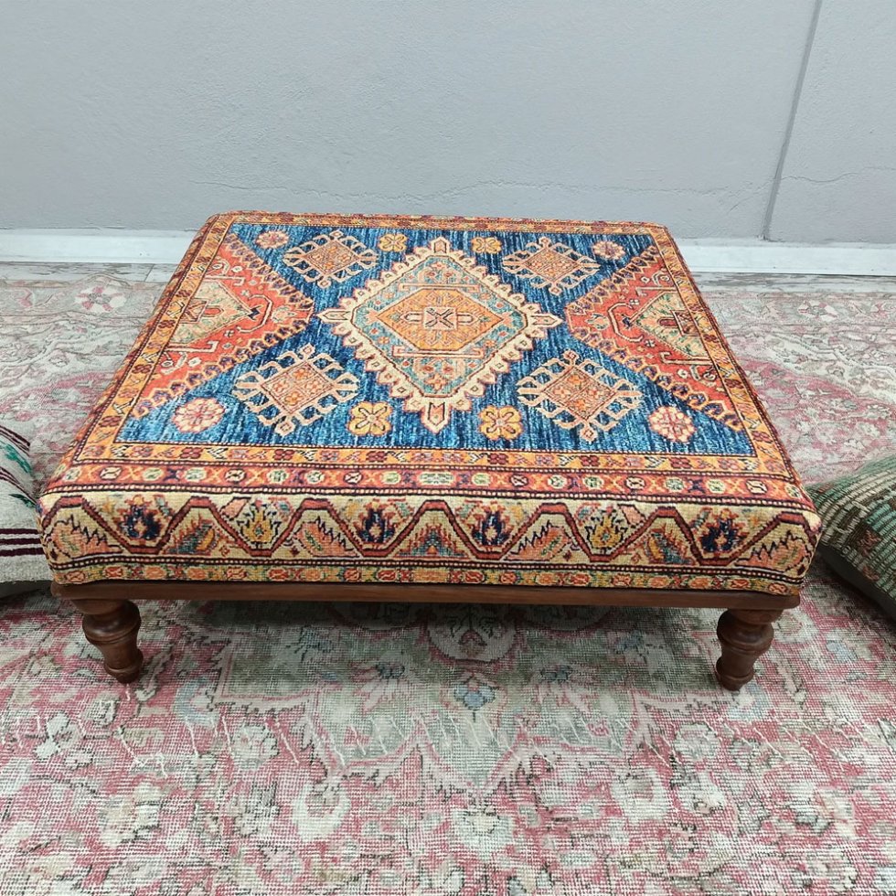 Mesa de centro otomana turca kilim azul y beige