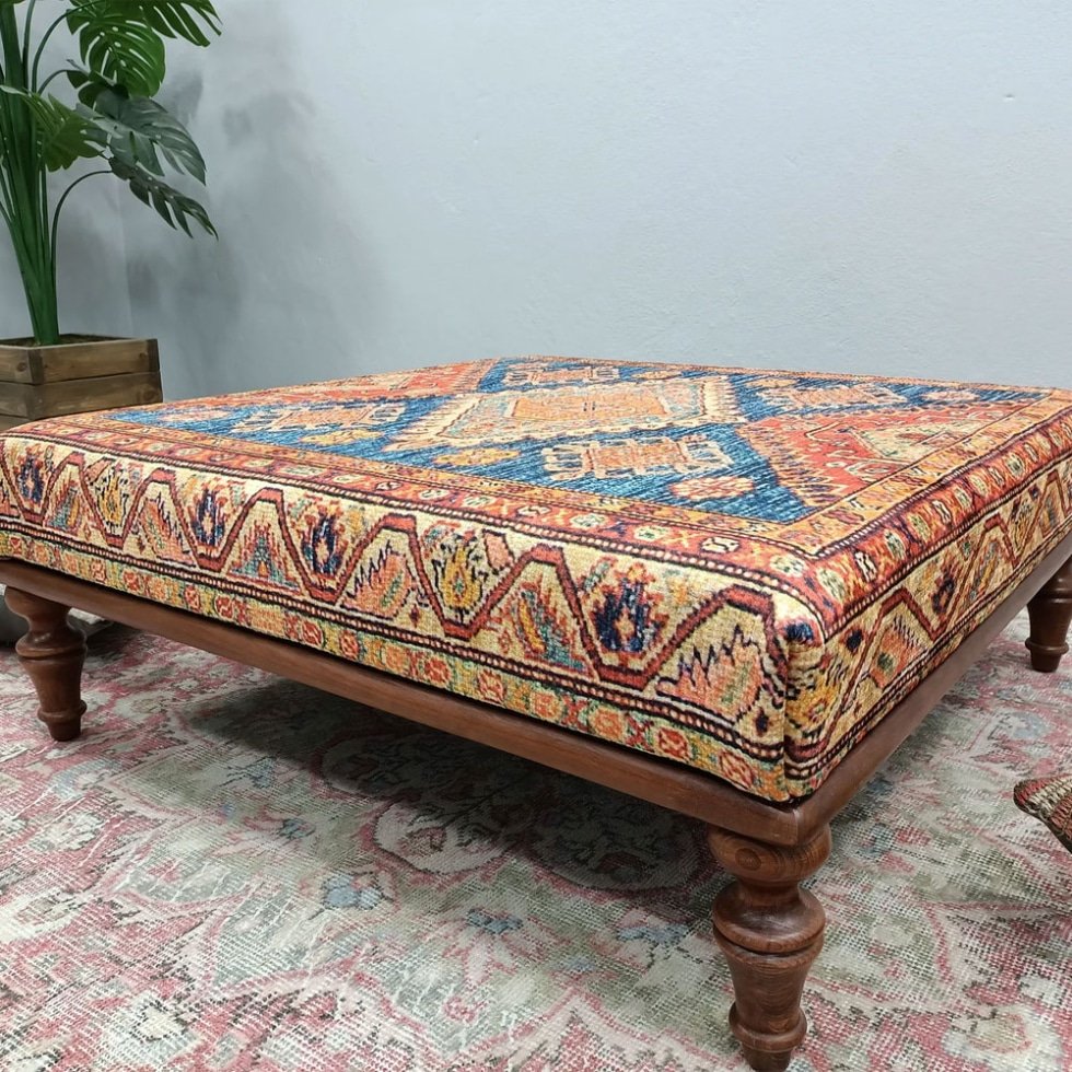 Mesa de centro otomana turca kilim azul y beige