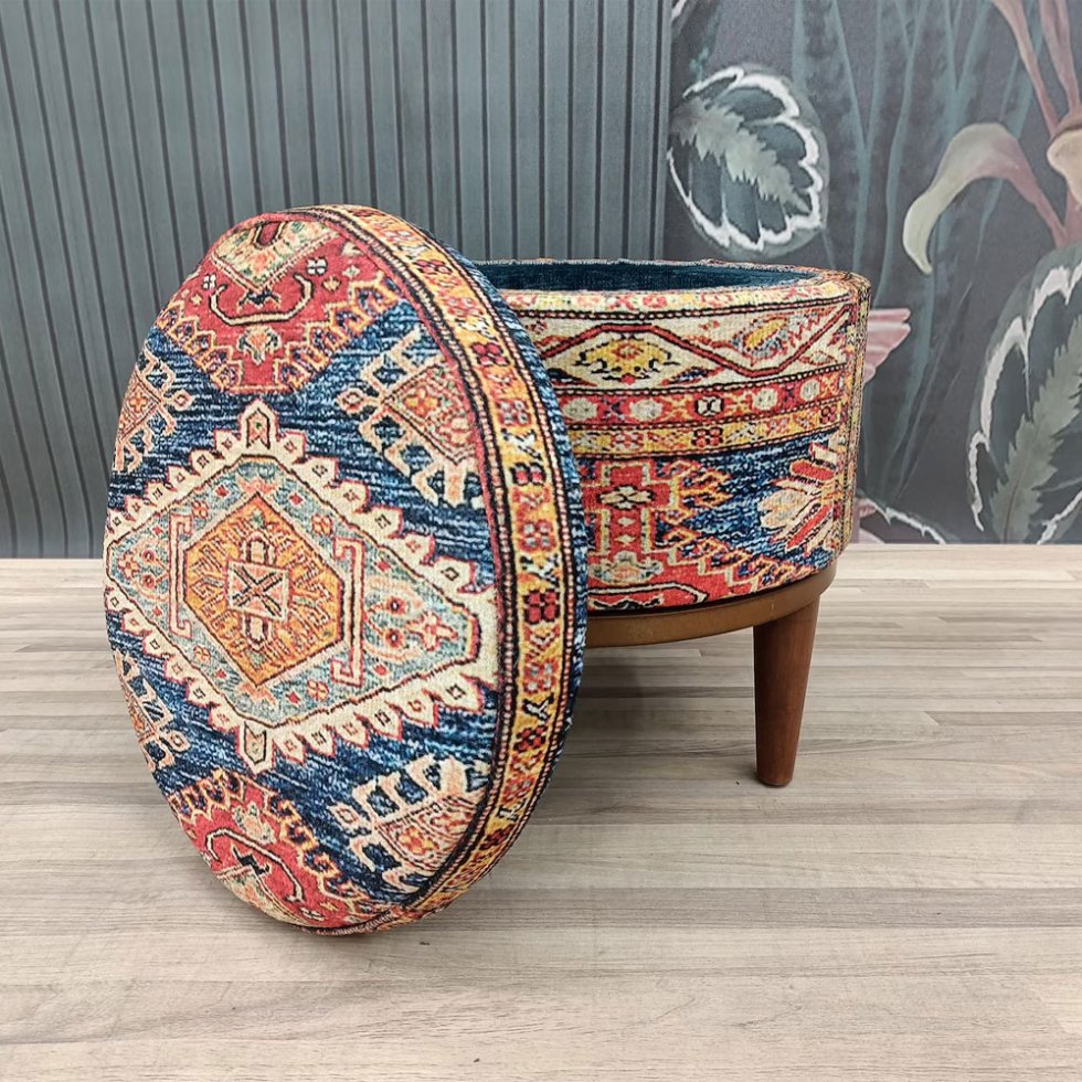 Otomana turca kilim redonda azul y beige con almacenaje
