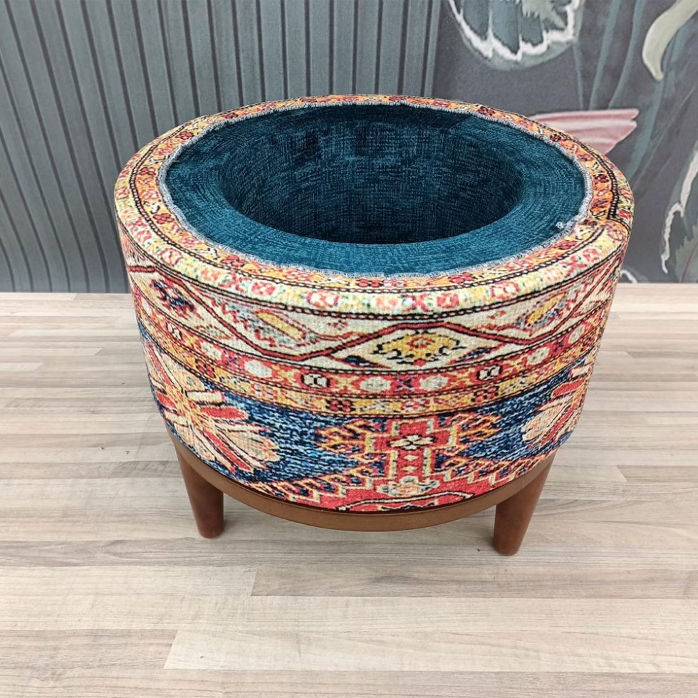 Otomana turca kilim redonda azul y beige con almacenaje