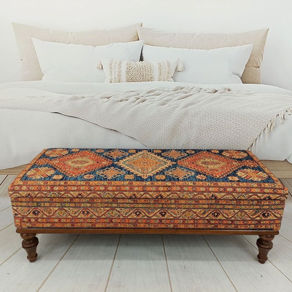 Mesa de centro otomana kilim turca azul y naranja con almacenaje