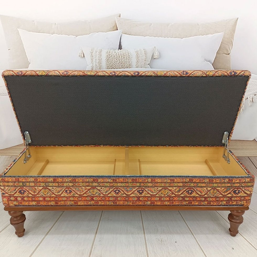 Mesa de centro otomana kilim turca azul y naranja con almacenaje
