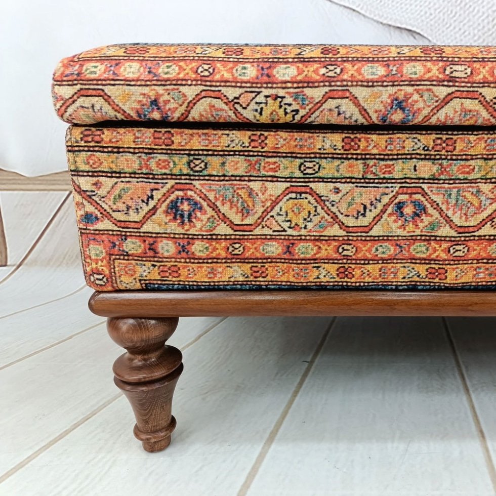 Mesa de centro otomana kilim turca azul y naranja con almacenaje