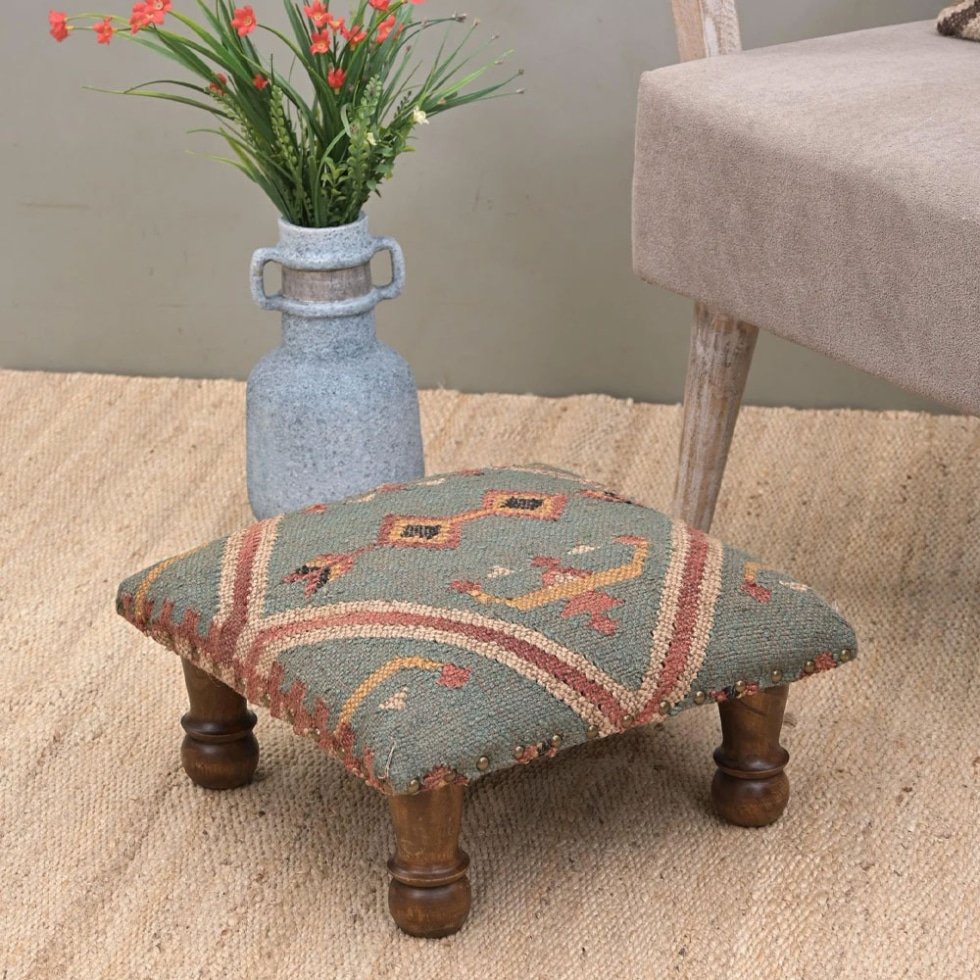 Taburete otomano kilim verde pequeño