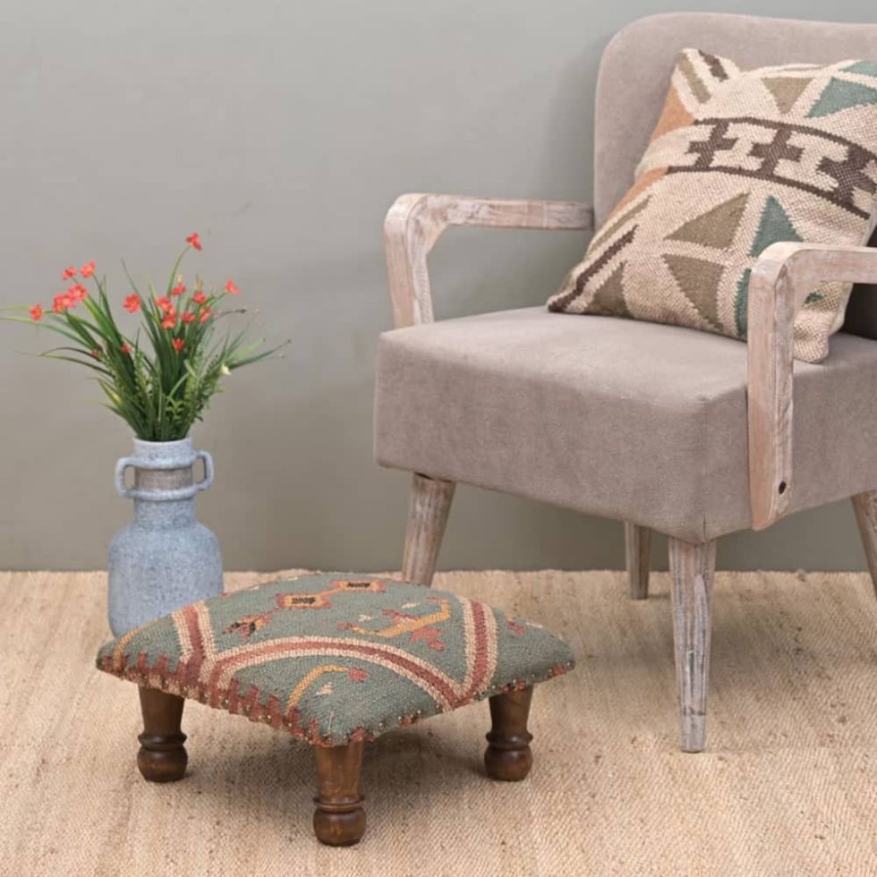 Taburete otomano kilim verde pequeño